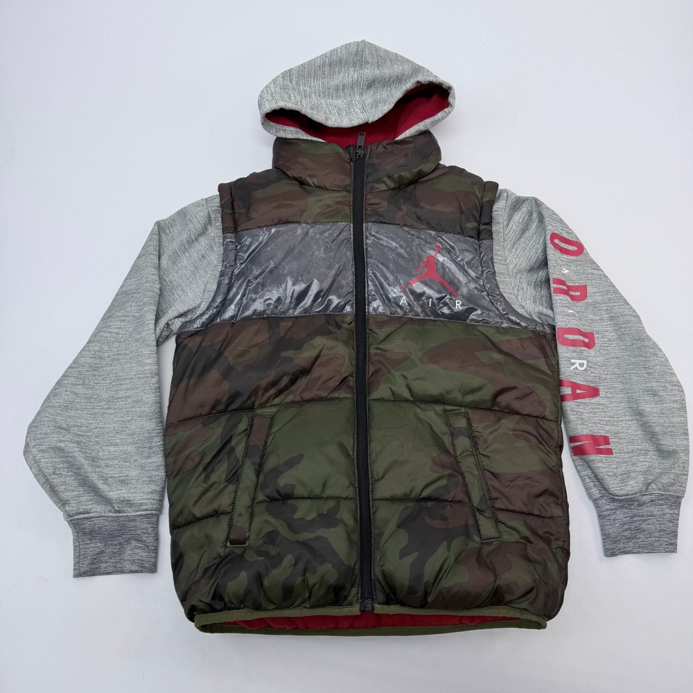 Jordan Air Boys Camo Puffer Jacket Grey Hoodie Hybrid Green Size M 10-12Y